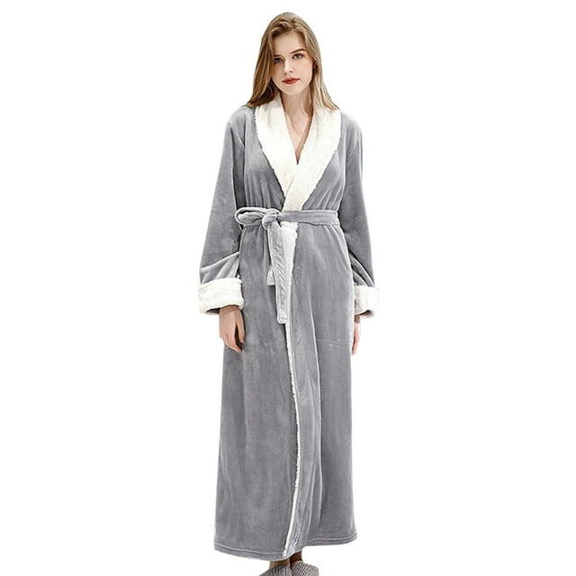 WZXFASHION Womens Fleece Robe Soft Plush Bathrobe Fluffy Cute Long Coat Night Robe WomenRobes Grey M