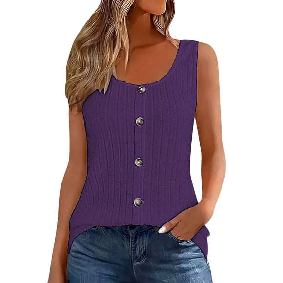 FRSASU Womens Vest Sleeveless Button Down Vest Tops Crew Neck Knit Ribbed Solid Color Loose Casual Dressy Waistcoat Purple L(L)