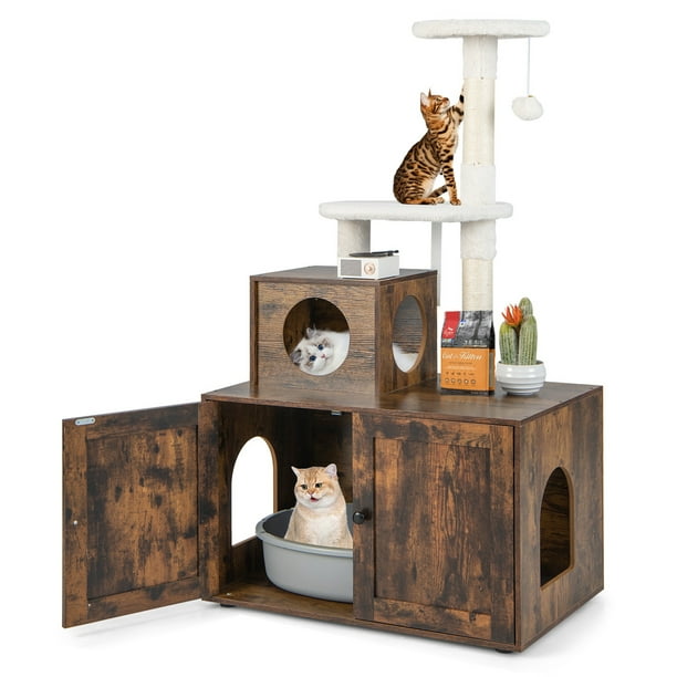 Costway 2-in-1 Wooden Litter Box Enclosure with Cat Tree Hidden