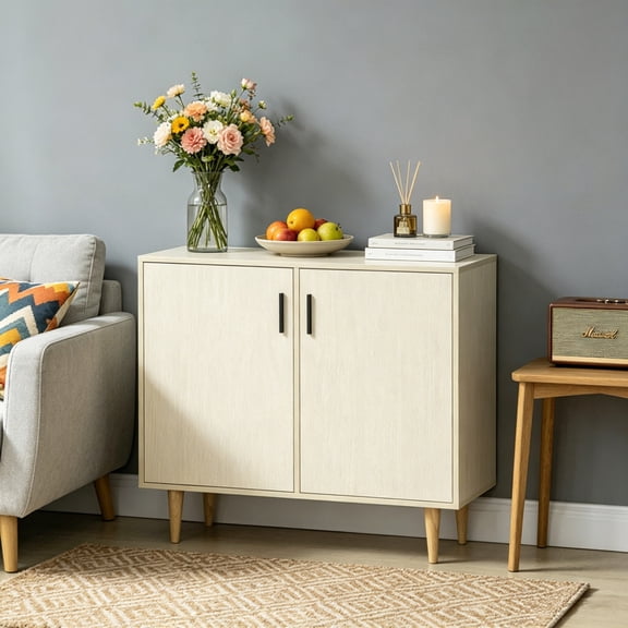 Sideboard Buffet Cabinet with Double Doors Adjustable Shelves And Wood Legs for Kitchen Living Room, Natural Wood