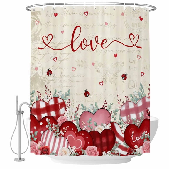 Pink Valentines Shower Curtain Set - Extra Long 72" x 96" Washable Bathtub Curtain with 12 Hooks, Vintage Love Heart Eucalyptus Botanical Waterproof Fabric Shower Curtains for Bathroom/Bathtub Décor