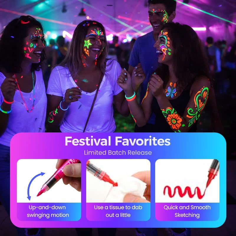UV Neon Face Paint Markers 12 Colors, Glow in the Dark Body Paint Pens for Skin, Washable Temporary Tattoo Markers for Blacklight Parties Halloween Cosplay
