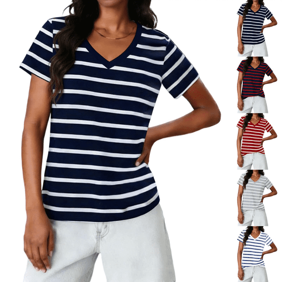 Womens Casual Classic T Shirts V Neck Short Sleeve Shirts Loose Fit Trendy Striped Summer Everyday Tunics Blouses S-2XL