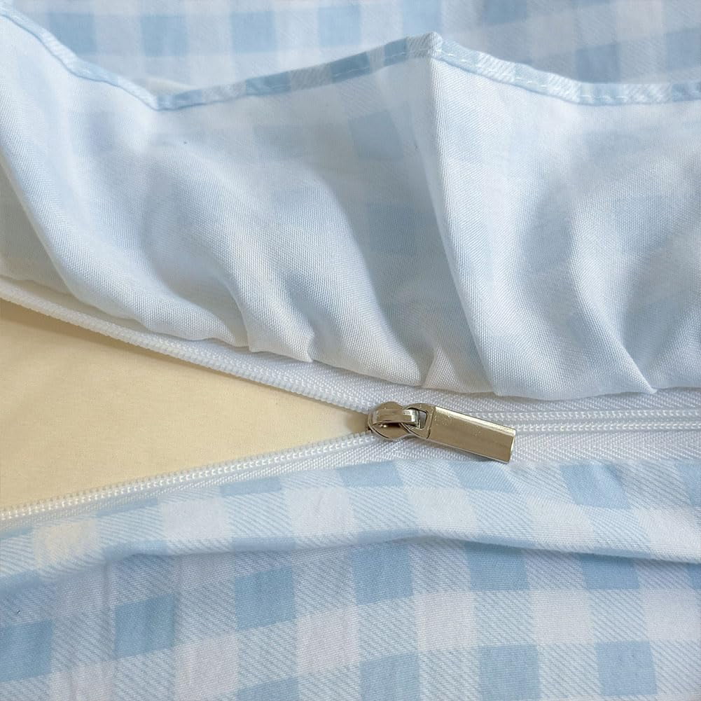 Light Blue Gingham Ruffle Duvet Cover Queen Size, 3 Pieces Soft Pre-Washed Microfiber Checked Plaid Comforter Cover Set, Vintage Farmhouse Bedding Set(Blue Gingham, Queen 90"x90")