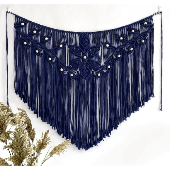 Youngeast Home Decor Leaf Shape Macrame Wall Hanging Woven Tapestry Bedroom Curtain Fringe Garland Banner Living Room Wall Decor Navy 39X31 Inches