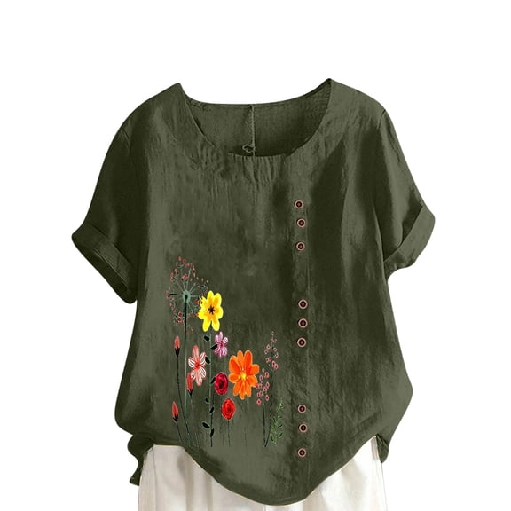 Guluxicc Women Floral Print Linen Shirts Short Sleeve Gauze Tops Loose Fit Cotton Blouses Trendy Outfits Clothing