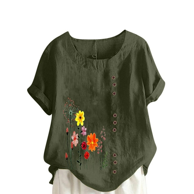 Cameland Hauts pour Femmes Col Rond Manches Courtes Imprimé Floral Chemise Ample