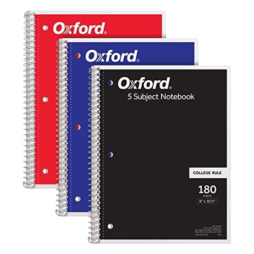 Cuaderno Espiral Oxford 3 Uni 5 Materia 180 Hojas Negro Rojo Azul 8x10-1/2