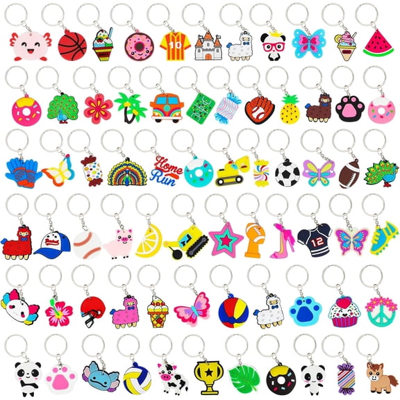 70PCS Cartoon Keychains Bulk for Kids Party Favors, Backpack Keychains Candy, Donut, Ball, Cartoon Animal Axolotl, Sloth, Hawaii Styles keychains for School Day, Classroom Prizes, Birthday Party