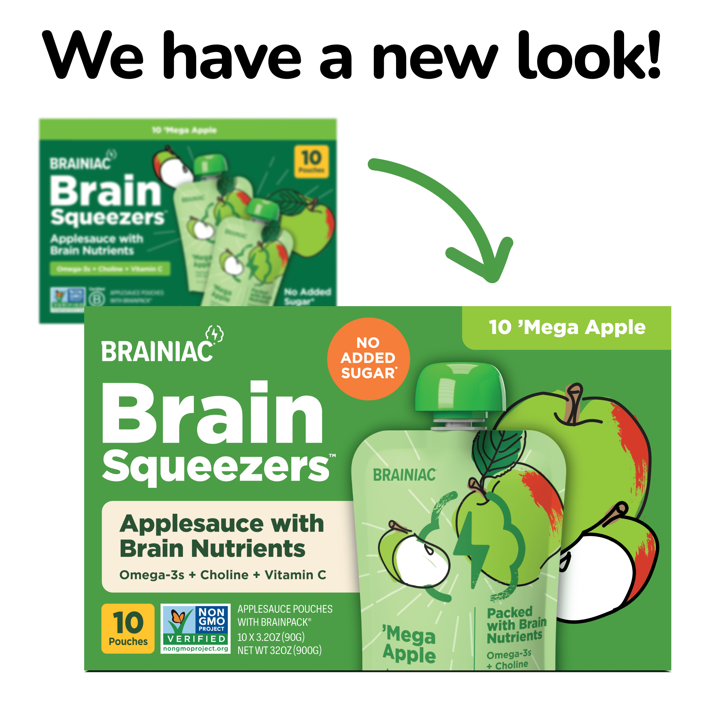 Brainiac Omega-3 Applesauce, Apple, No Sugar Added, 3.2 oz, 40 Ct