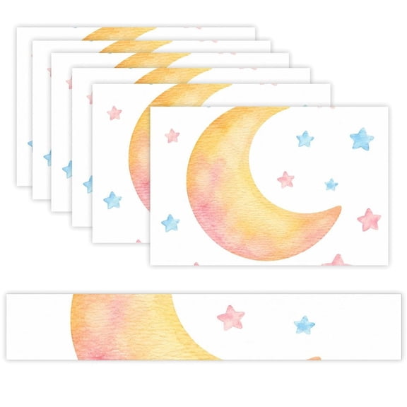 7 Piece Linen Table Runner and Placemats Set, Pastel Moon Stars Round Corner Heat Resistant Washable Table Mats for Home Kitchen Dining Party Decoration