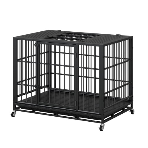 41.7" Heavy Duty Mobile Dog Crate with Lockable Wheels & Rotary Twist-Latch, Indoor/Outdoor Metal Pet Kennel with Perforated Top