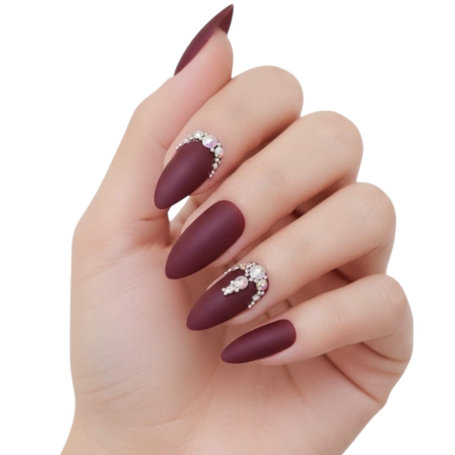 Matte Dark Red Burgundy 3D Crystal Press On Nails, Long Stiletto Fake Nails, Prestige Passion
