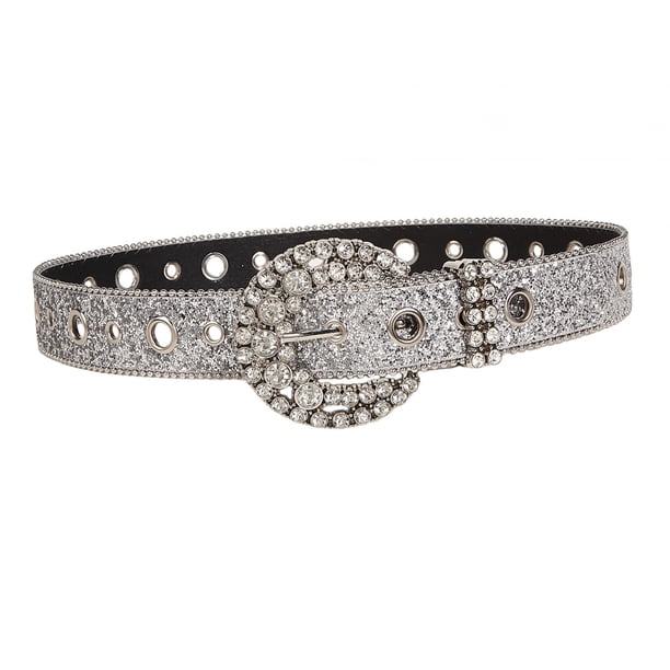 Cinturón de piel sintética con diamantes de imitación y hebilla de pasador para mujer, accesorio de vestuario. Plata