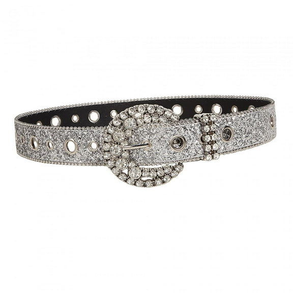 Rhinestone Belt Waist Belt for Women Men Fashion Adjustable Prong Buckle Western Cowgirl Eyelet Belt PU Leather Belt for Jeans Formal Dress Silver