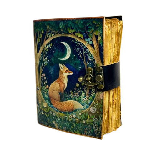 Handmade Leather Journal with Fox & Moon Artwork – 5x7 Inch Vintage Notebook with 200 Deckle Paper Pages, Antique Clasp, Woodland Writing Diary