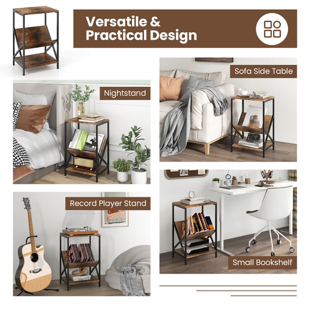 Finihen End Side Table, 3-Tier Industrial Side Table with V-shaped Bookshelf, Bed Side Tables, for Living Room, Bedroom, Rustic Brown Finihen End Side Table, 3-Tier Industrial Side Table with V-shaped Bookshelf, Bed Side Tables, for Living Room, Bedroom, Rustic Brown
