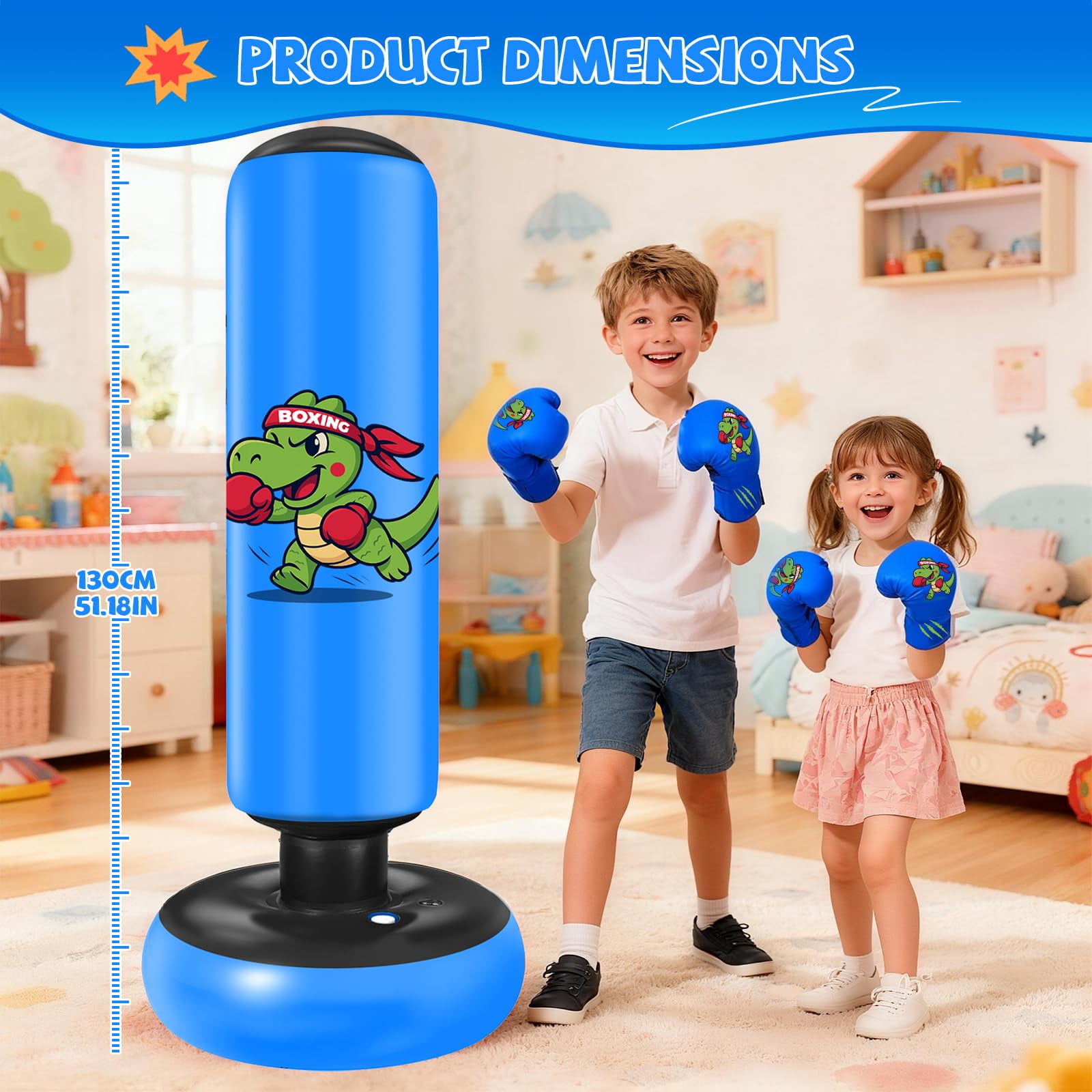 Fohil Punching Bag for Kids 51 inch Freestanding Heavy Boxing Bag with Boxing Gloves and Pump, Punching Bag Set Toy, for Practicing Karate, Taekwondo, De-Stress
