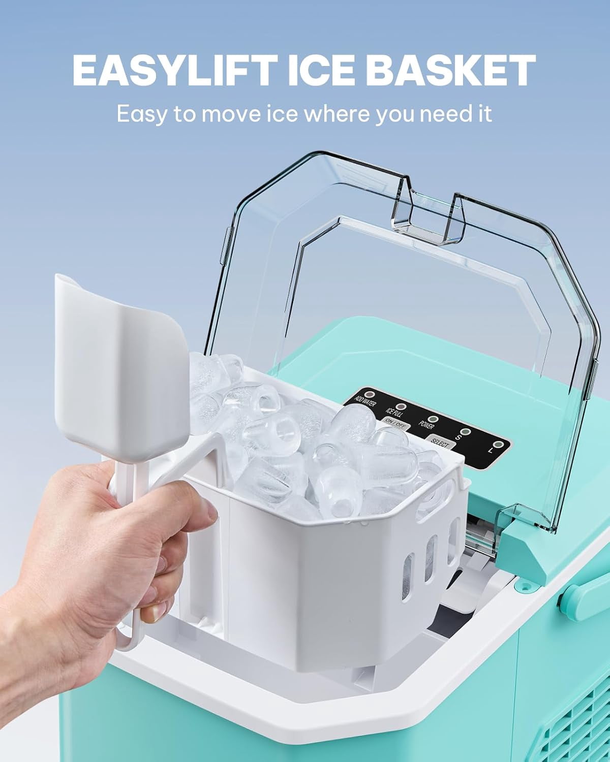 Ice Maker Countertop Machine with Handle, 26lbs in 24h, 9 Ice Cubes Ready in 6 Mins, Self-Cleaning Ice Makers with Basket and Scoop, Ideal for Home, Kitchen, Camping, RV
