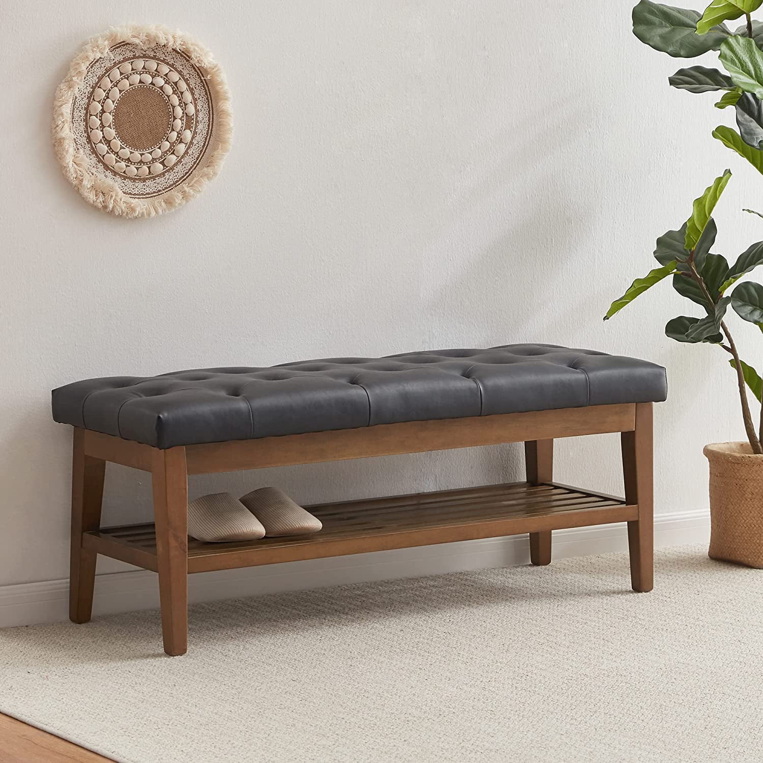 HUIMO Indoor Bench with Shoe Storage Upholstered Cushion Wood Shelf for Living Room Kitchen Beige Walmart