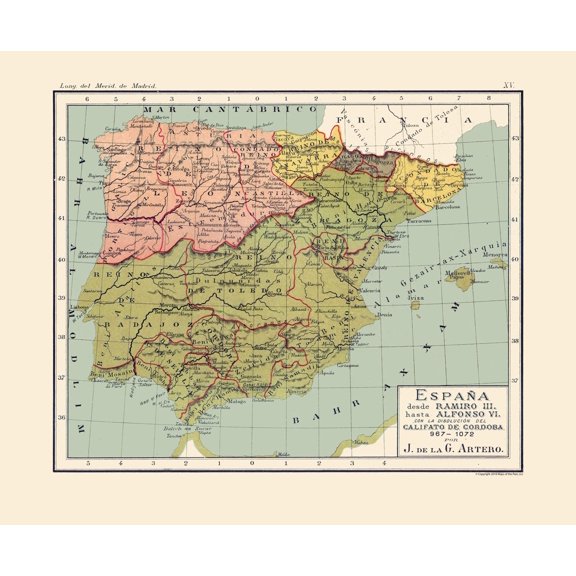 Historic Map - Spain 967 AD to 1072 AD - Artero 1879 - Vintage Wall Art