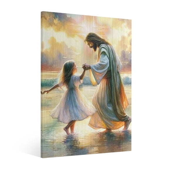 Vintage Jesus and the little girl Canvas Wall Art Paint Framed, Jesus Pictures Canvas Print Posters Wall Decor, Christian Christmas Wall Art Home Decor for Living & Prayer Bedroom Wall Decor Framed