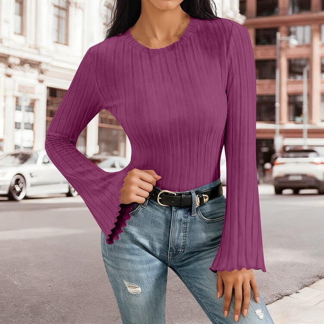 Daiosportswear Chandails à Manches Longues Côtelés pour Femmes, Hauts Ajustés à Col Rond en Coton, Tricot Extensible, Couche de Base Décontractée, T-Shirts de Base, Violet P(S)