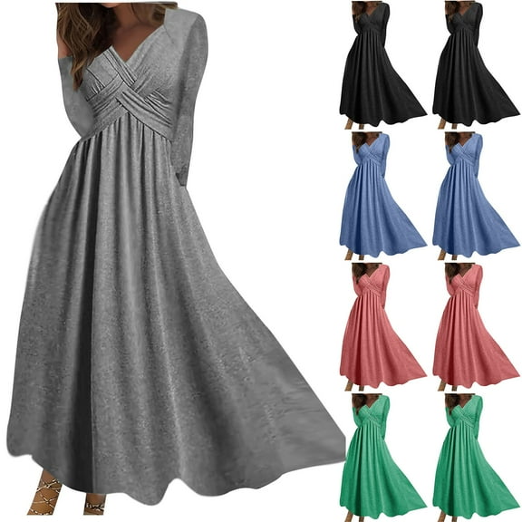 qolati Womens 2023 Fall Dresses Casual Ruched V Neck Long Sleeve Smocked Maxi Dress Trendy Solid Color Boho Swing Party Bridesmaid Dress