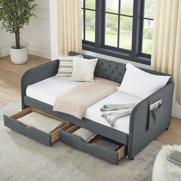 Twin Size Upholstered Daybed with Trundle and Two Storage Drawers – Flat Arms with Pocket, Extendable, Linen Dark Gray