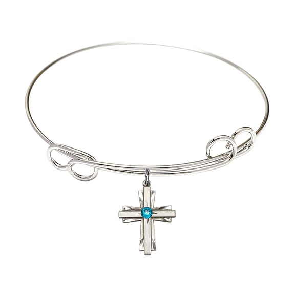 7 1/2 inch Round Double Loop Bangle Bracelet w/ Cross medal charm w/ December Blue Swarovski Crystal