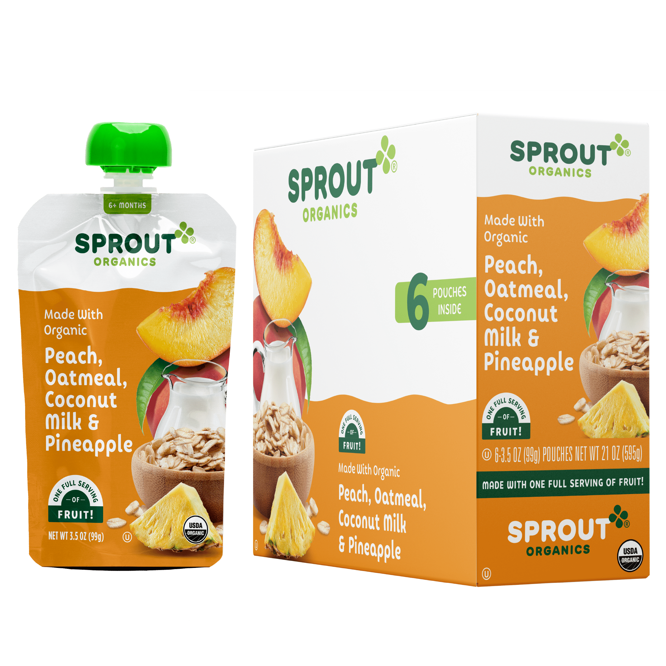 Sprout Organic Stage 2 Baby Food, Peach Oatmeal, 3.5 oz Pouch, 6 Pack
