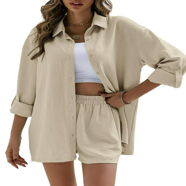 Ensemble de Détente pour Femmes Chemises à Manches Longues et Shorts Ensemble 2 Pcs Tenue Décontractée