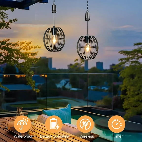 OTGFRF-Shumi Outdoor Hanging Light Battery Operated, Waterproof Pendant Light with 4 AA Batteries, 6 Hours Timer Hanging Lantern Auto On and Off Chandelier for Gazebo Patio Pergola Porch Indoor Outdo