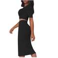 thumbnail image 4 of KIHOUT Women 2 Piece Summer Ribbed Outfit Square Neck Short Sleeve Cropped Top High Waist Slit Midi Bodycon Skirt Casual Matching Set For Club Party Dating, 4 of 8