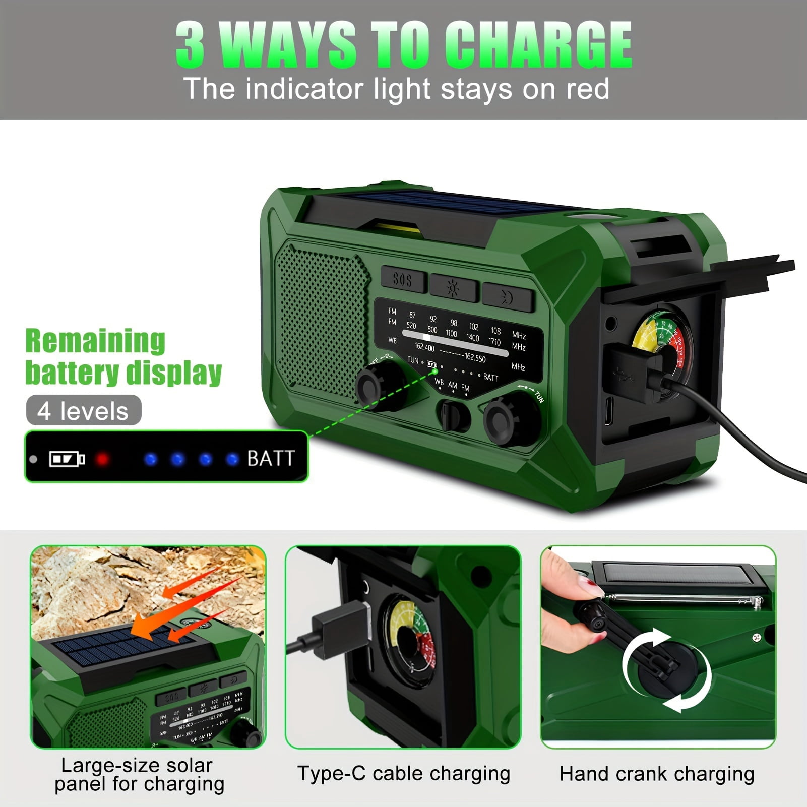 10000mAh Emergency Radio, Solar Radio, Hand Crank Radio, NOAA AM FM Weather Radio, 4 Charging Methods, Polymer Battery, Flashlight & Reading Lamp, SOS Alarm, Phone Charger For Emergency