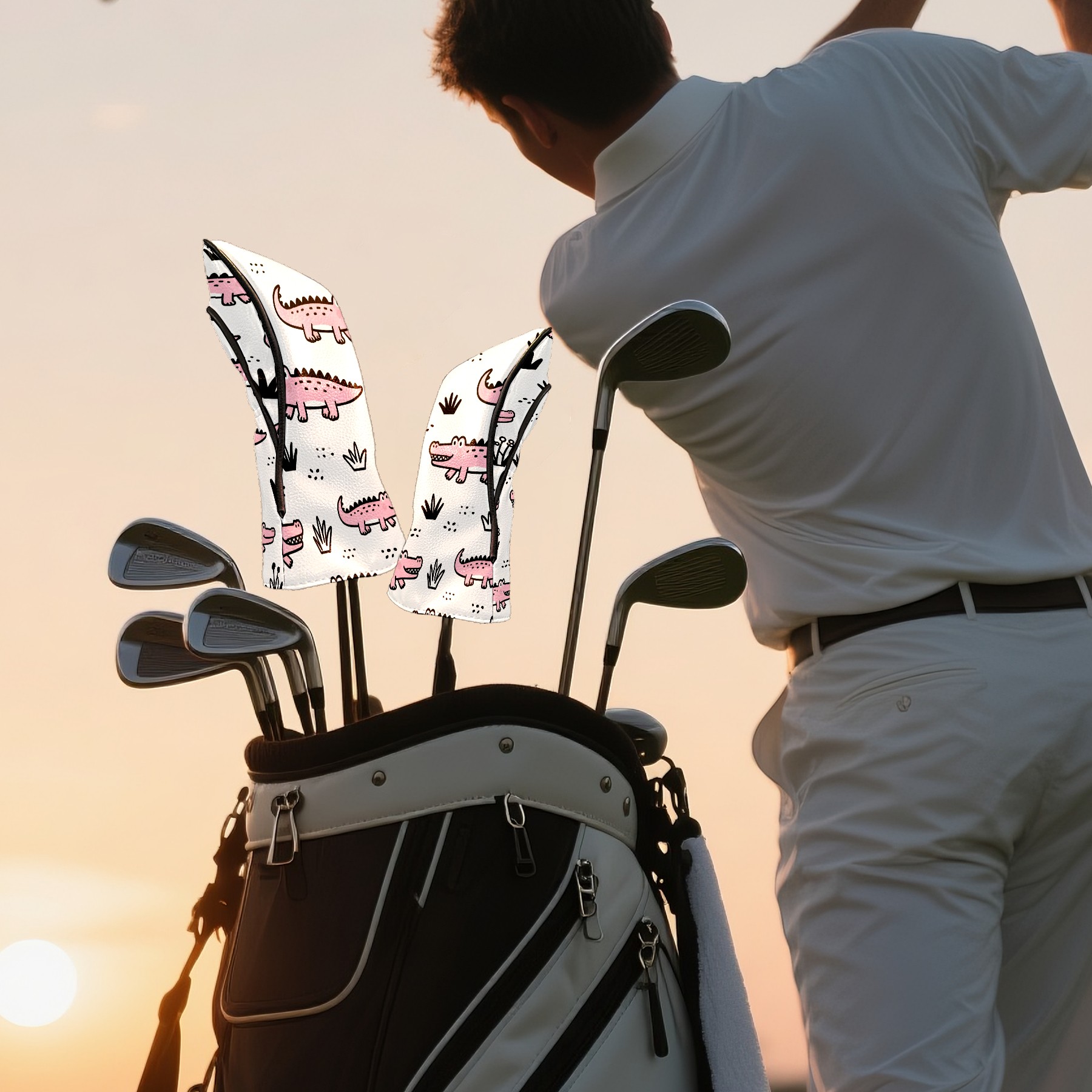 Golf Club Covers, Pink CrocodilePlant Premium PU Leather Driver Hybrid Putter Head Covers with Velvet Lining, Waterproof Golf Gifts for Men Women