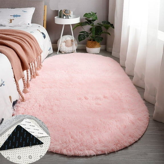 ANITYSO Pink Fluffy Area Rug Oval 31 x 63" Soft Shaggy Plush Absorbent Non Slip Carpet for Bedroom Living Room