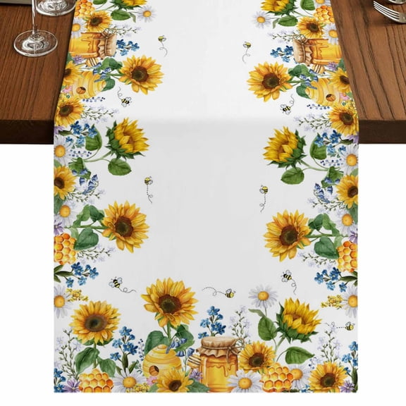 Table Runners 108 Inches Long Dress Scarves, Eucalyptus Leaves Farmhouse Coffee/Dining/Kitchen Table Runner for Living Room, Sunflowers Spring Watercolor Country Floral Bee 13x108 Inch