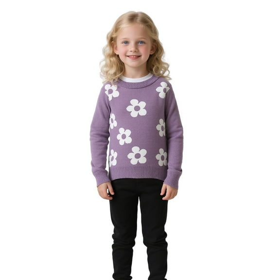 KHONTS Girl's Casual Flower Print Crew Neck Long Sleeve Pullover Sweater Cute Fall Winter Warm Soft Jumper Tops,Sizes 1-7 Years Purple 90