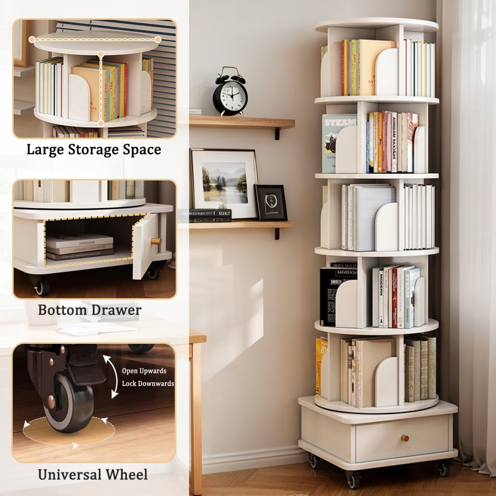 6-Tier Rotating Bookshelf with Wheels, 360° Spinning Bookcase Tower with Drawer & Wraparound Baffles, Space-Saving Storage Shelf, White