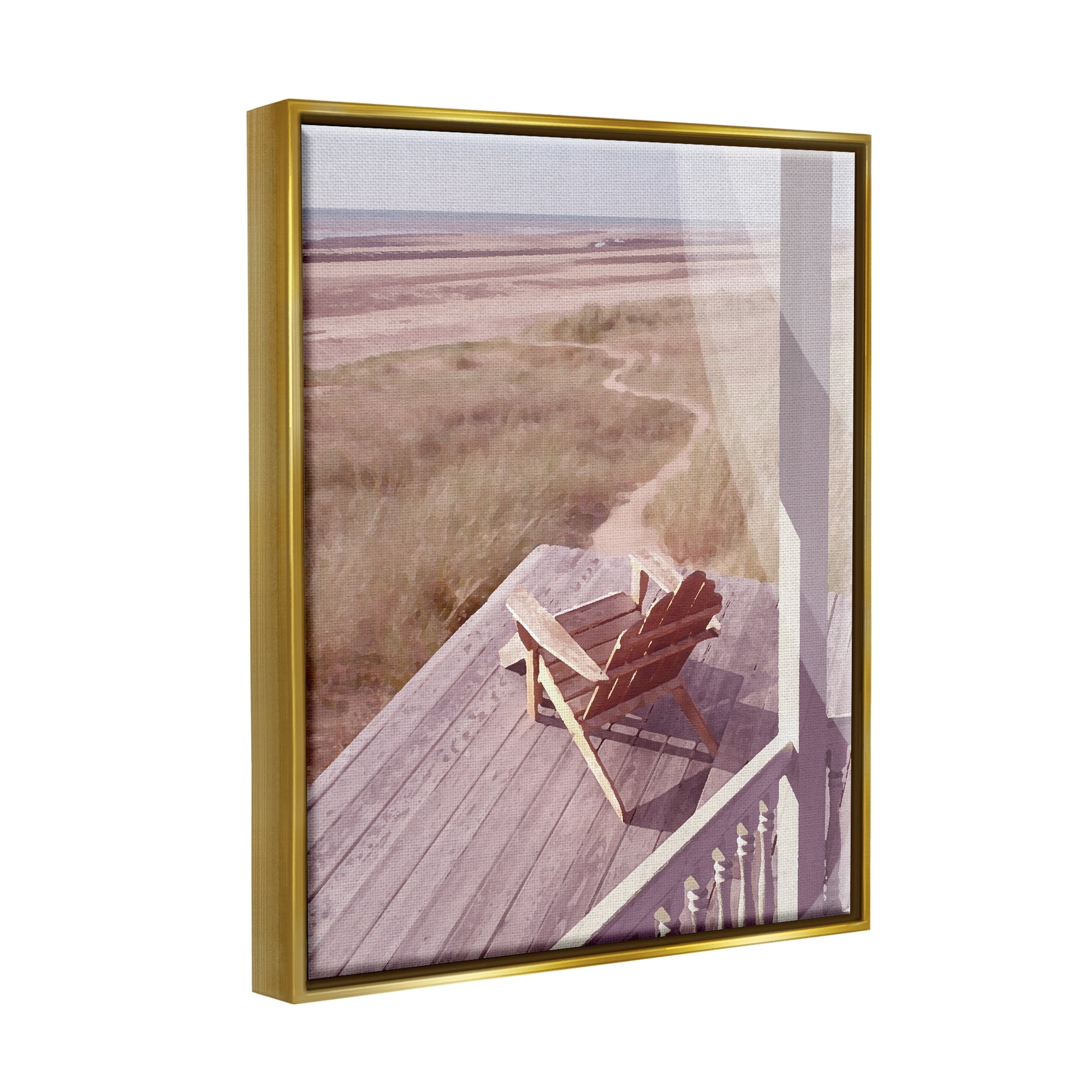 Stupell Industries Lone Lounge Chair Rural Beach Grass Porch Painting Metallic Gold Floating Framed Canvas Print Wall Art, Design by Noah Bay