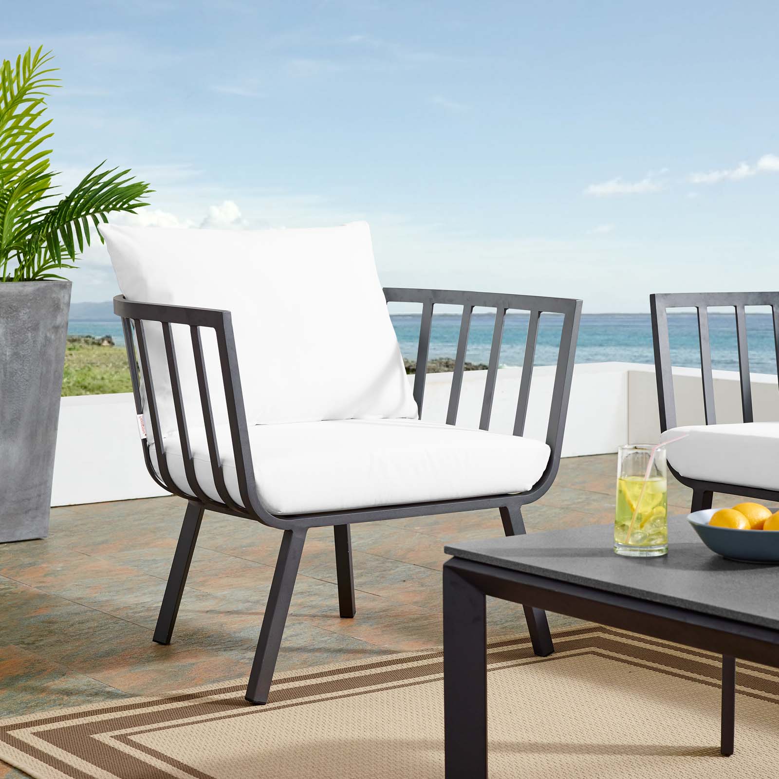Contemporary Modern Urban Designer Outdoor Patio Balcony Garden Furniture Armchair Lounge Chair, Aluminum Fabric, Grey Gray White - image 4 of 6