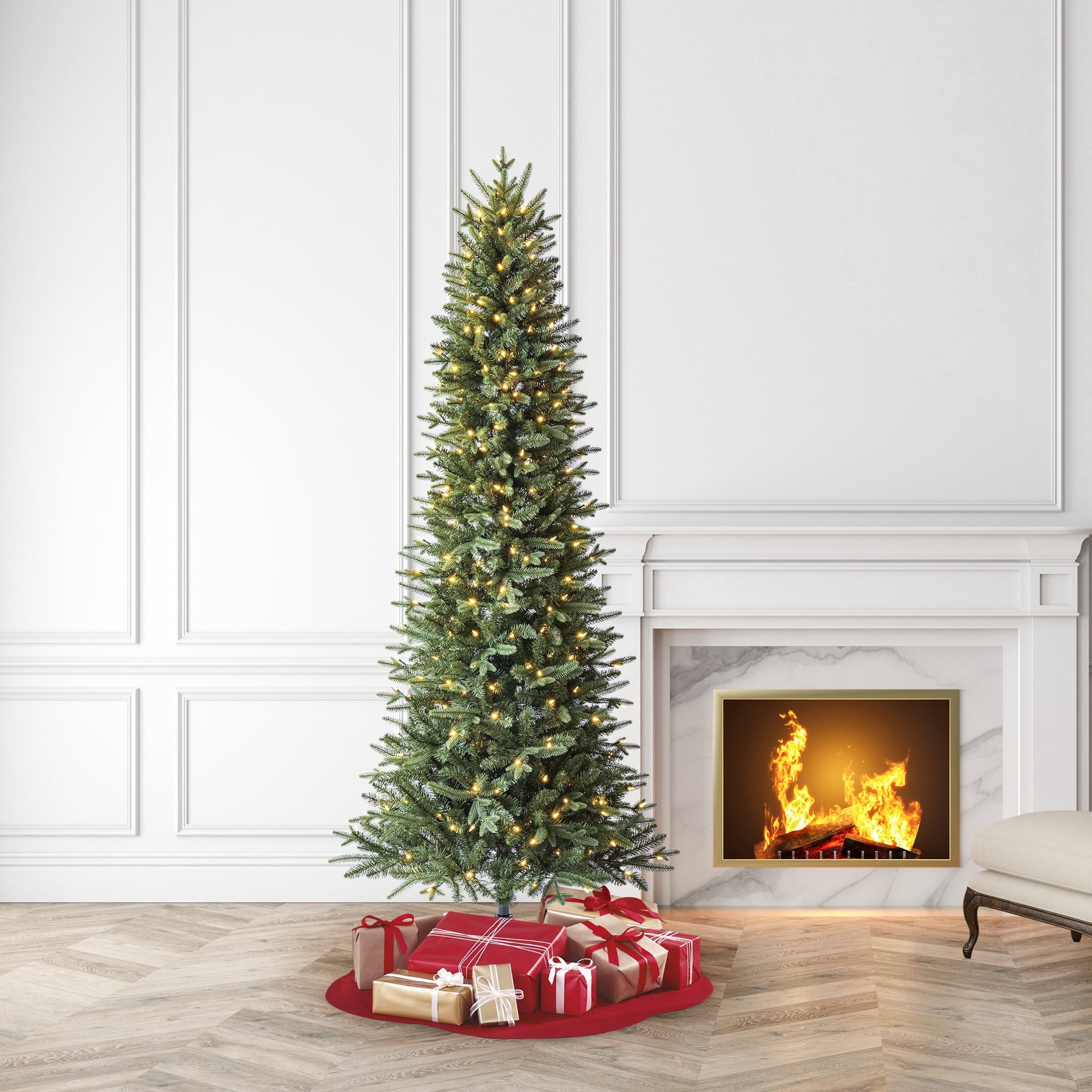 7.5' Pre-Lit Sanford Pencil Fir Green Artificial Christmas Tree with 350 Warm White LED Lights and Stand, by Holiday Time