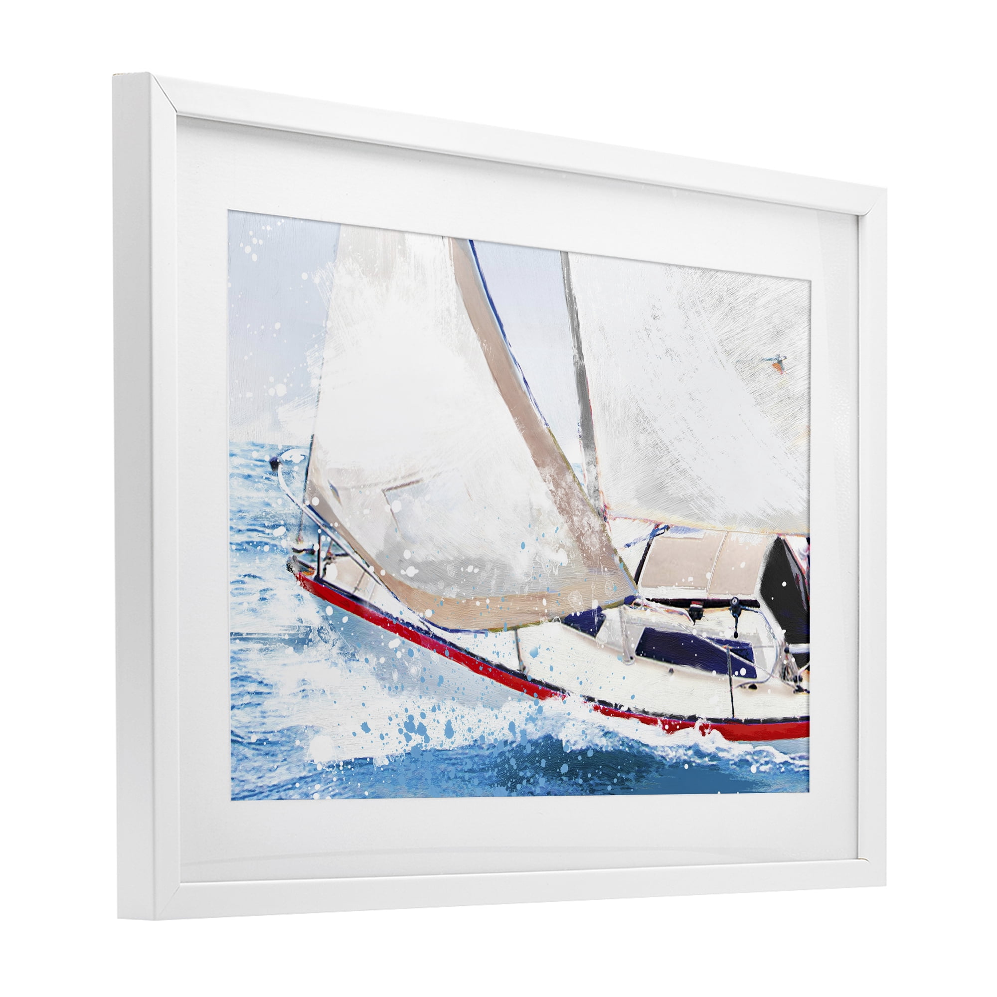 Stupell Industries Sailboat Racing Through Blue Waves White Framed Print Under Glass, design by Porter Hastings