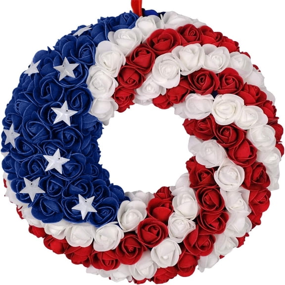 Aximioll Independence Day Wreath with Layered Floral Details, Patriotic Home Decor for Front Door, Wall, Mantel and Entryway