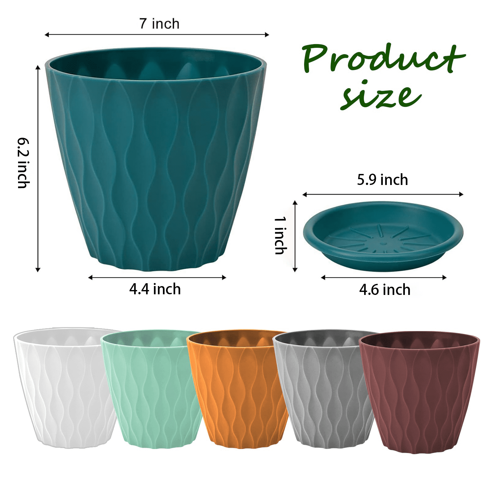 Keyrank Plant Pots 7 Inch Self Watering Pots, Set of 6 Plastic Planters with Drainage Holes and Saucers, Plastic Flower Pots, Nursery Planting Pot for Indoor Out Door Plants