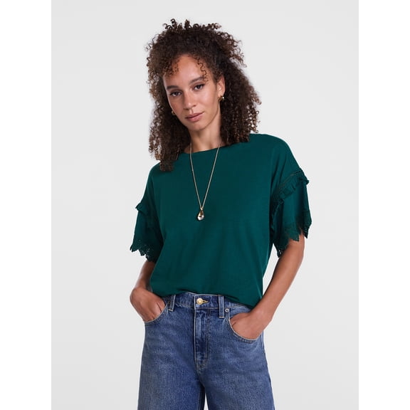 Scenario Women's Lace Trim Tee with Short Sleeves, Size XS-XXXL
