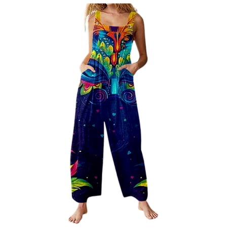 FYEGRE Women s Carnival Jumpsuit Women s Fashion Casual Carnival Printed Pocket Pants Jumpsuit for Ladies Stylish Outfit Navy XXL