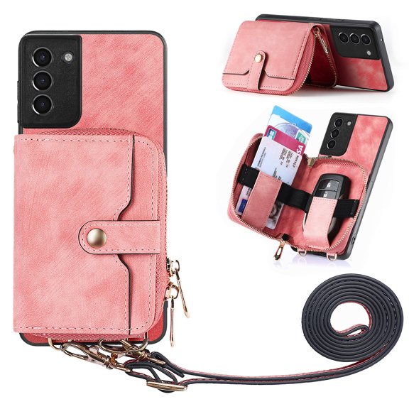 for Samsung Galaxy S21 Wallet Case, Crossbody Phone Purse with Card Holder for Women, Zipper PU Leather Carrying Cover Gift with Shoulder Strap Kickstand Anti-drop for S21 - Pink