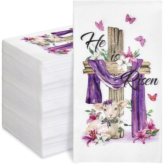 Easter Guest Napkin Christian He Is Risen Disposable Paper Napkins Easter Lamb Flowers Cross Paper Guest Dinner Hand Towels for Home Bathroom Kitchen Party Supplies
